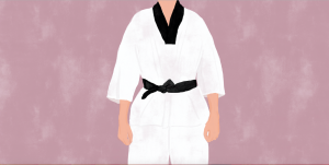 Illustration of a boy in a white Taekwondo attire with a black belt