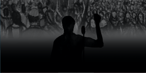 Illustration of a man's silhouette addressing a gathering