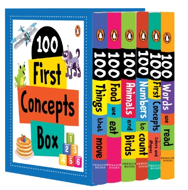 100 First Concepts Box (6 Books): Words, Numbers, Food, Things that move, Animals-birds and Alphabet-shapes-colors